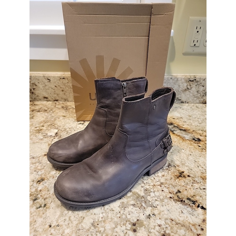UGG Woman's 1007769 Stout Brown Leather Orion Buckle Side Zip BOOTS Size US 9.5